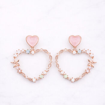 Double Heart＆Flower Feminine ピアス/Pink