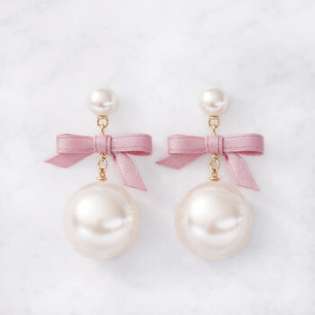Girly Matte Ribbon Pearl ピアス&イヤリング/Pink