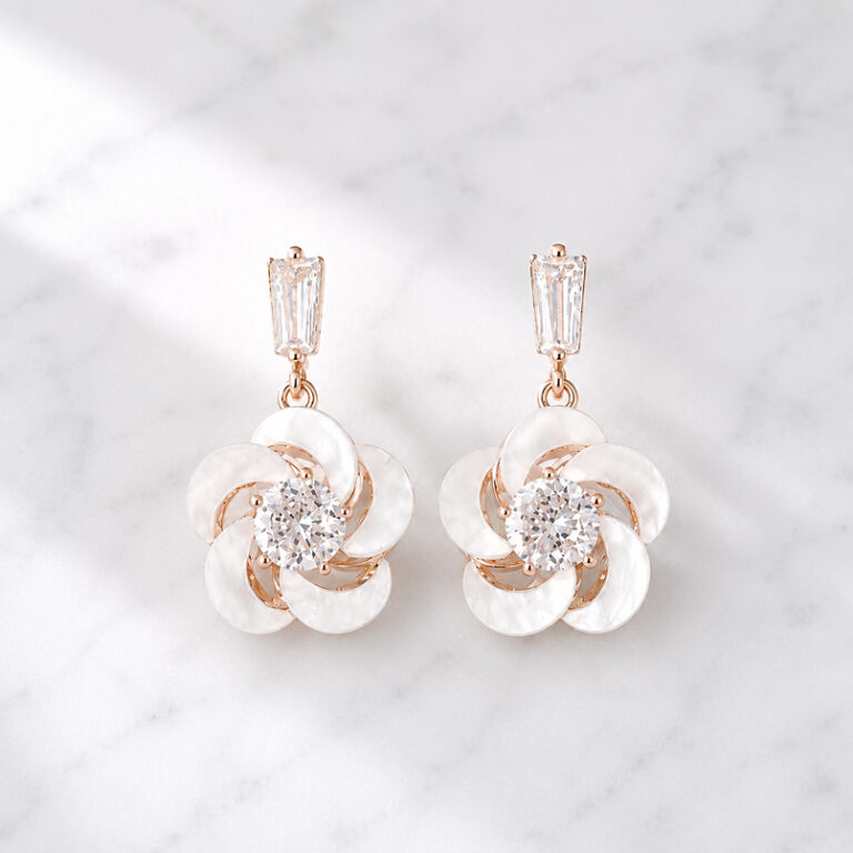Elegant Shell Flower Zirconia ピアス＆イヤリング/Pink Gold【ニッケルフリー】