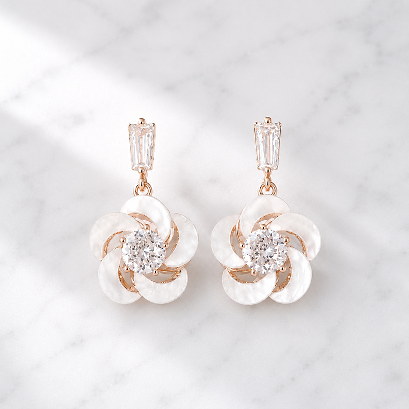 Elegant Shell Flower Zirconia ピアス＆イヤリング/Pink Gold【ニッケルフリー】