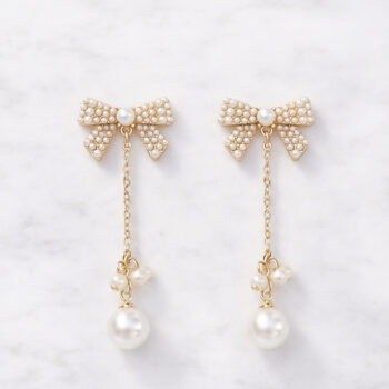 Lovely Ribbon Pearl Long Chain ピアス