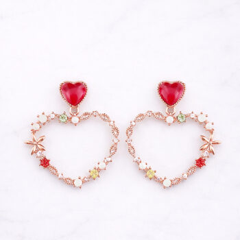 Double Heart＆Flower Feminine ピアス/Red